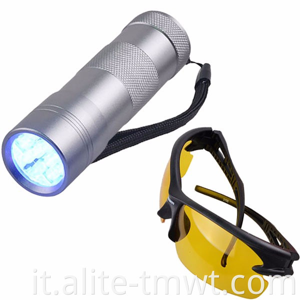 12 LED Blacklight Tlashlight Piet Uv Light UV con occhiali gialli